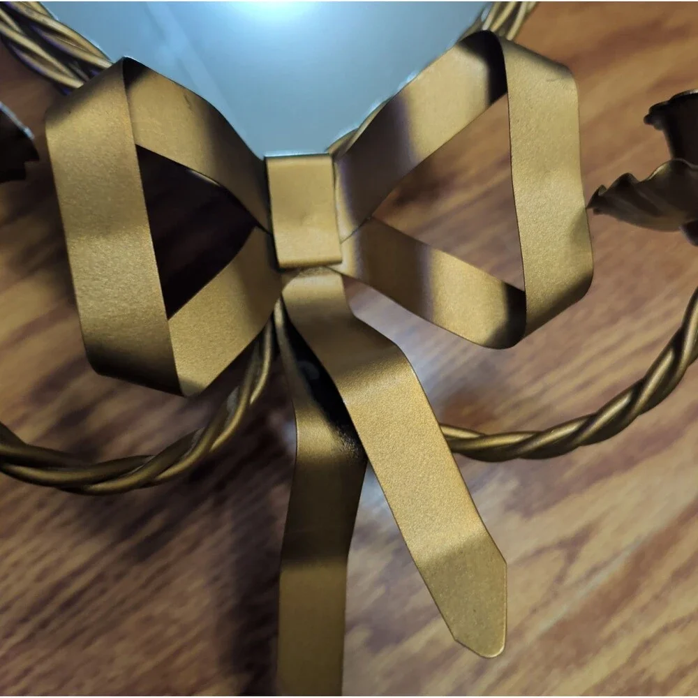 Vtg Braided Gold Metal Heart Shaped Mirror Double Candle